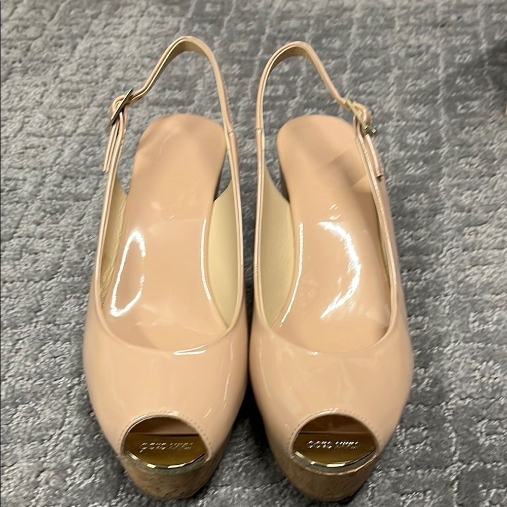 Jimmy Choo Nude Peep Toe patent leather Slingback Heels with cork heel
